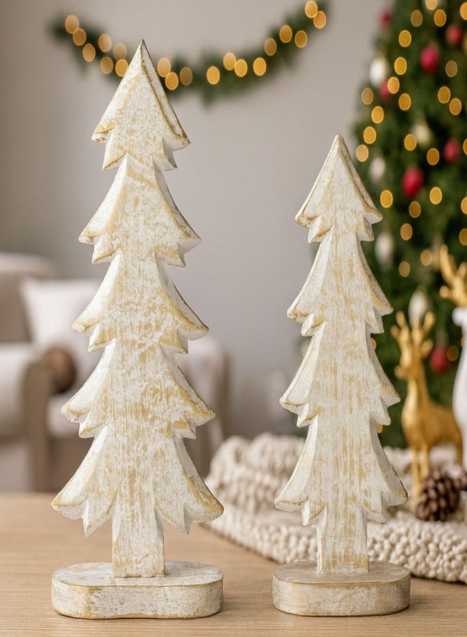 Mie Creations Christmas Tree Set of 2 Figurines, X Mas Decorations for Home, Living Room, Table Centerpiece, Mantel, Winter Holidays Decor, Shabby Chic White & Gold Wooden Christmas Trees-12,10 inch - Image 1